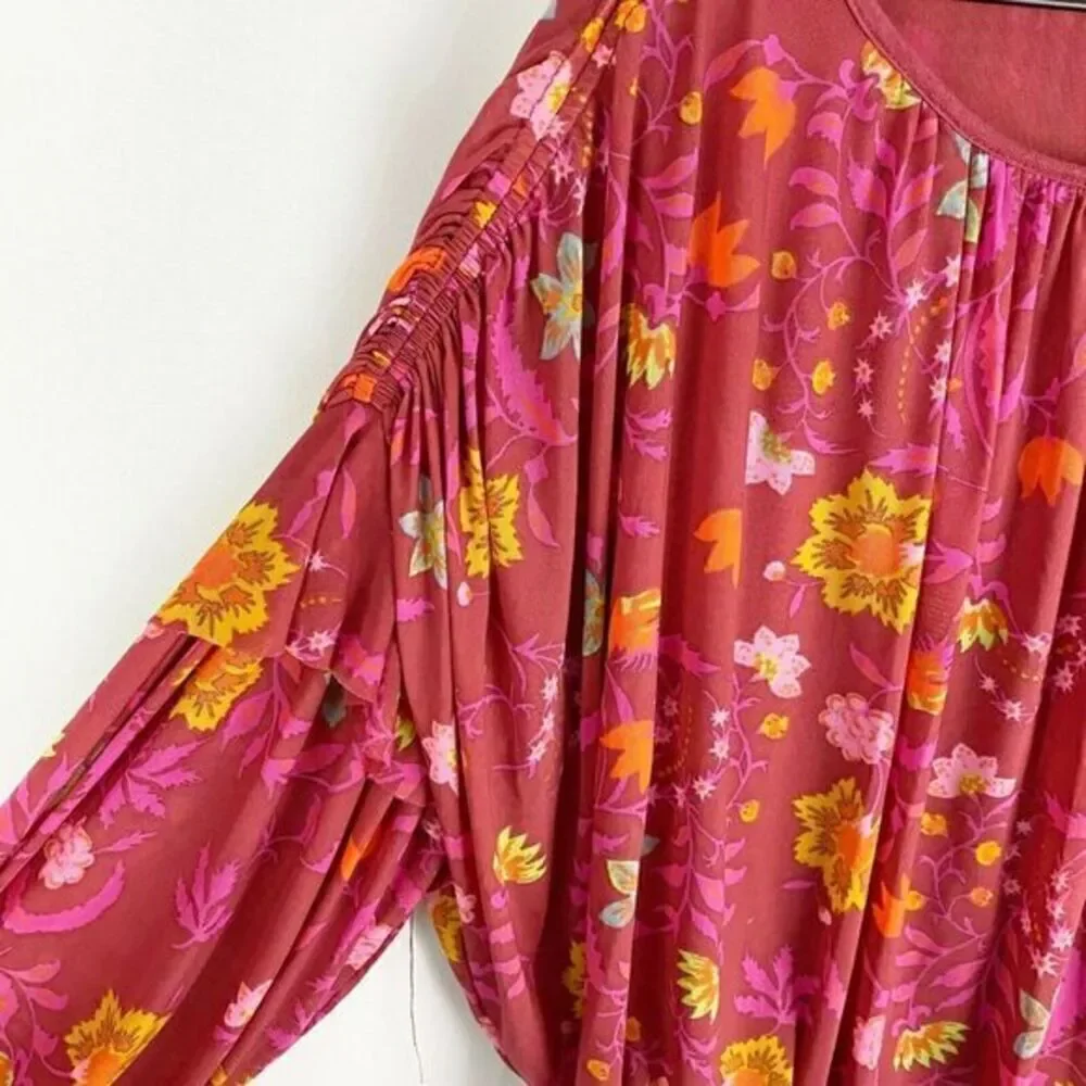 Free People Floral Wildflower Honey Blouse‎ Top Berry Combo Extra Small